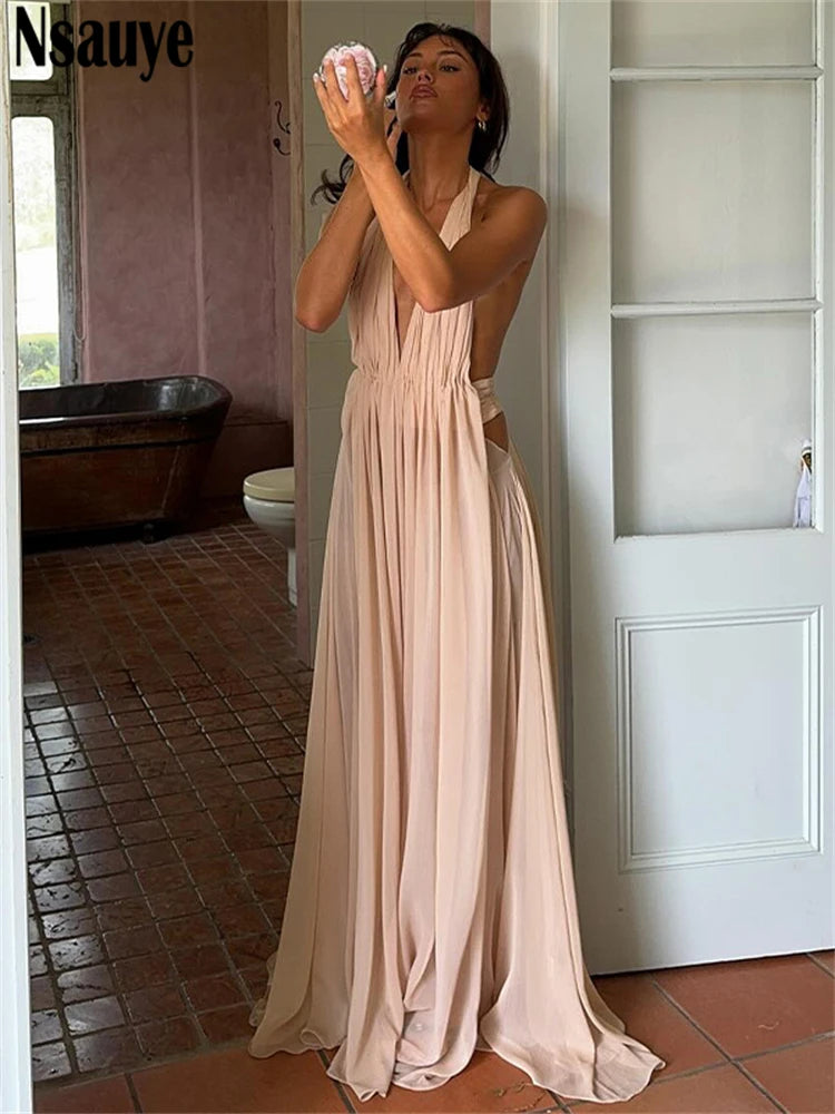 Nsauye Sexy Women Halter Maxi Night Club Elegant Pleated Dress Low Cut Out Backless Long Evening Party Fashion A-Line Dress 2025