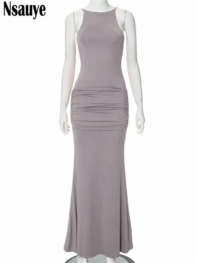 Nsauye Basic Casual Long Dresses Women Outfits Sexy Elegant Party Evening Birthday Backless Maxi Night Club Bodycon Dress Summer