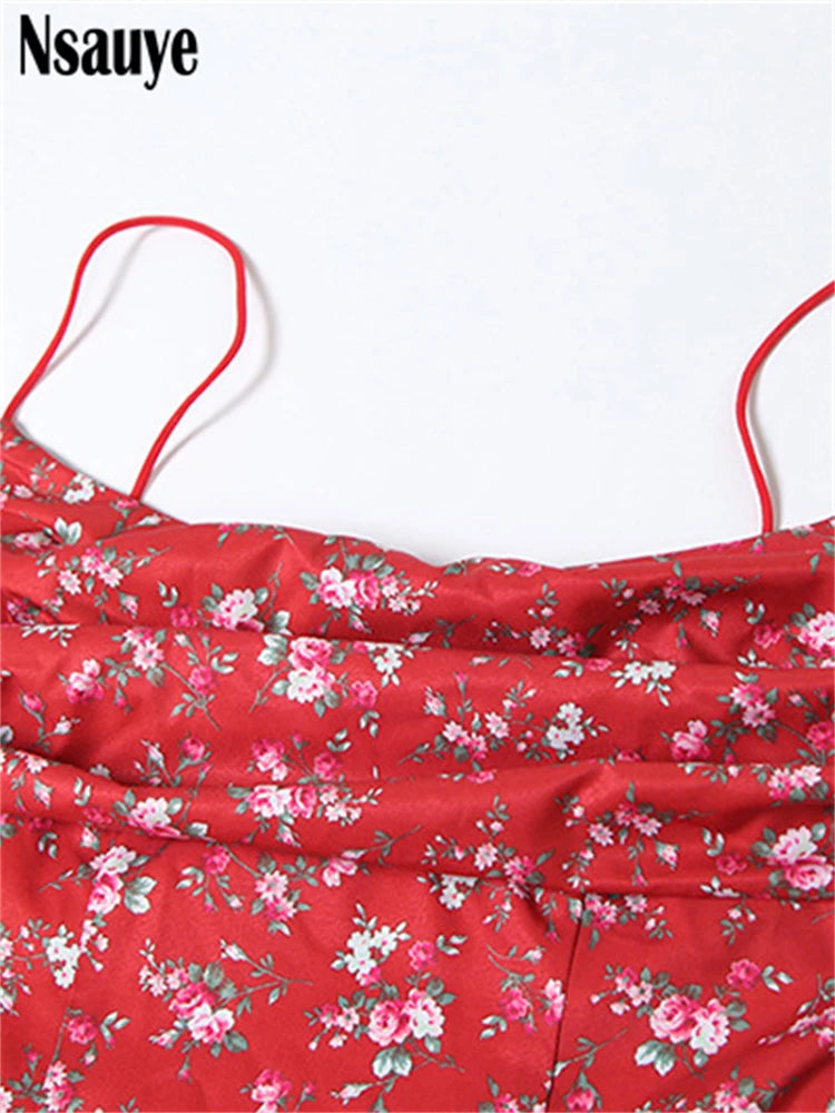 Nsauye Women Summer Sexy Floral Print Bodycon Lady Sleeveless Long Backless Dresses Spaghetti Strap Split Vestidos Elegant Party