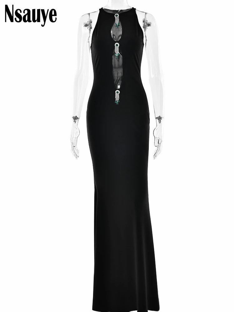 Nsauye Elegant Women Sleeveless Female Elegant Beads Vacation Long Dresses 2025 Summer New Hollow Out Evening Party Maxi Dress