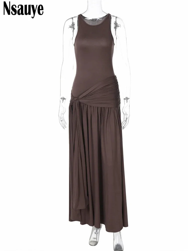 Nsauye Pullover Women Casual Sleeveless Holiday Basic Long Dress Fashion Elegant Pleated Sexy Evening Party Night Club Dresses