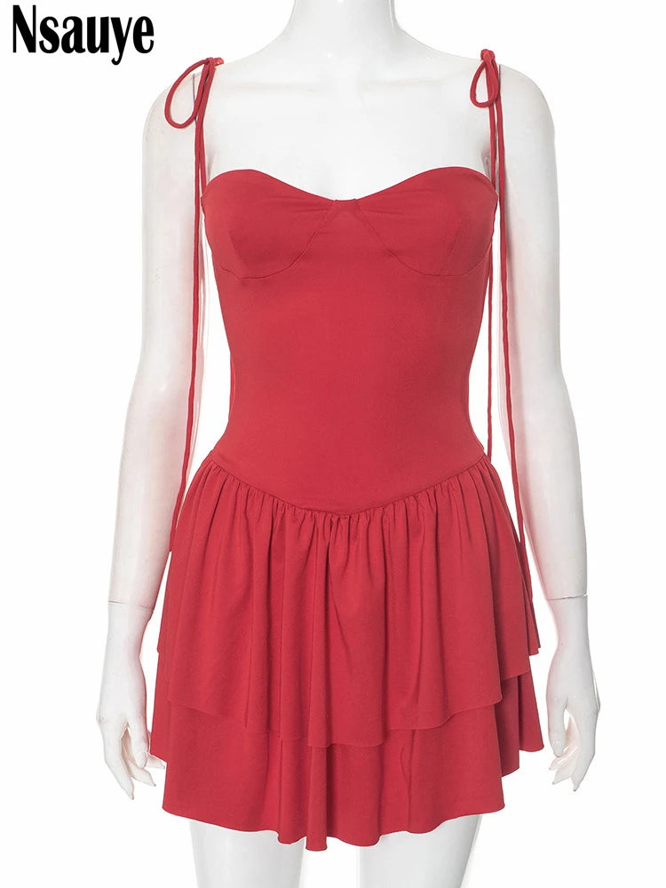 Nsauye Women Short Dress A-Line Ruffles Red Fashion Summer Sexy Casual Holiday Beach Night Club Evening Dress Party 2025 Outfits