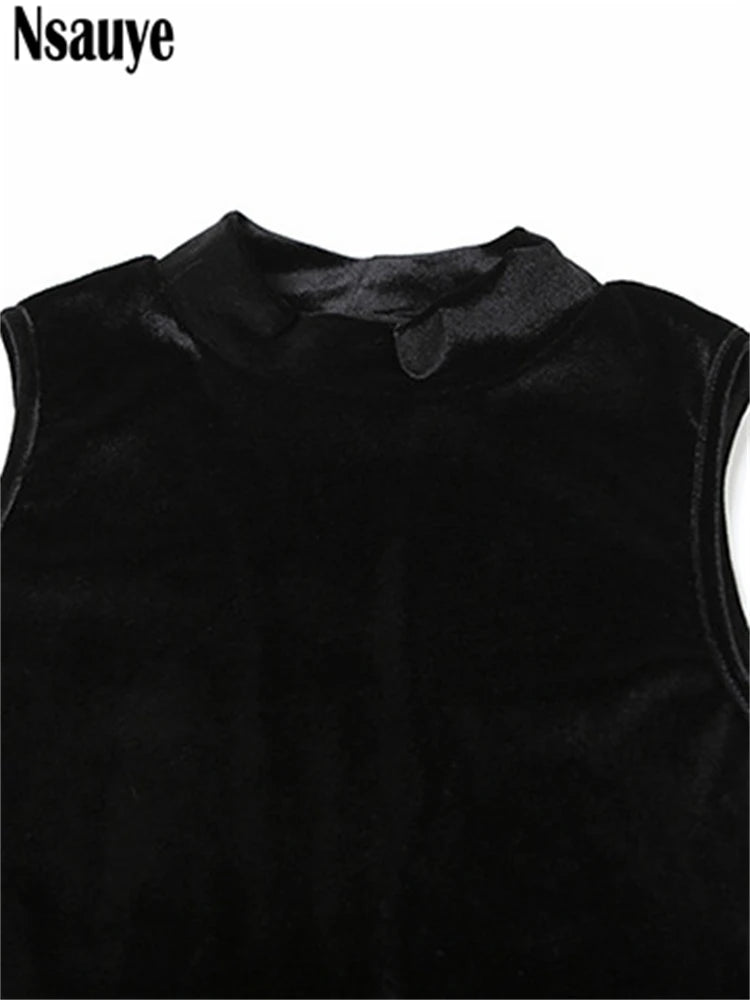 Nsauye Casual Women Holiday Mini Ruffles Wrap Elegant Black Velvet Dress Summer Ladies Fashion Evening Party Night Club Dress