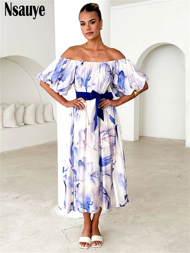 Nsauye 2025 Spring Summer Women Y2K Print Floral Off Shoulder Short Puff Sleeve Long Dresses Club Party Holiday A-Line Dress