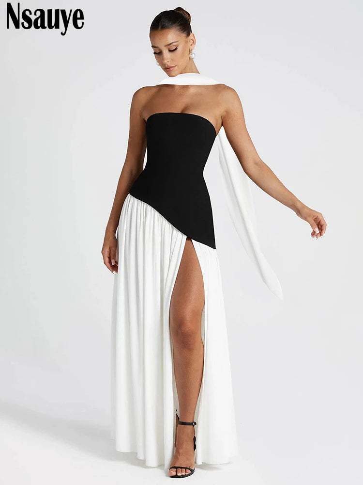 Nsauye Long Evening Dress For Women Summer Clothing Fashion Elegant Sexy Strapless Party High Split Night Club Maxi Dress 2025
