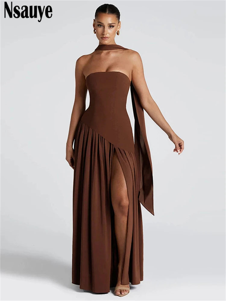 Nsauye Strapless Women Long Elegant Sexy High Split Halter Fashion Evening Dress Party Night Club Summer Off Shoulder Dress 2025
