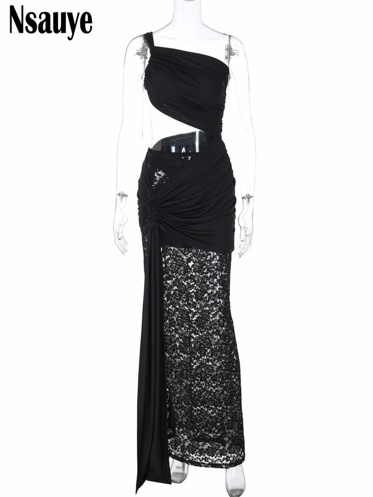 Nsauye Aesthetic Elegant Sleeveless Hollow Out Sexy Lace Patchwork Maxi Dress For Women 2025 Spring Summer Party Sundress Club