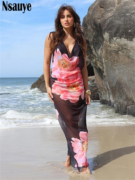 Nsauye New Fashion Women Summer Holiday Casual Beach Halter Floral Print Wrap Long Dress Maxi Sexy Party Evening Club Dress 2025