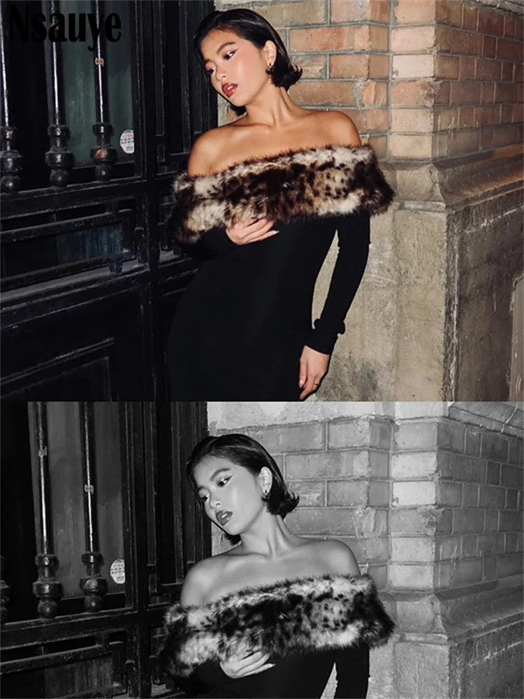 Nsauye Women Clothing Outfits Sexy Club Evening Party Fashion Off Shoulder Leopard Print Wrap Dress Elegant Long Sleeve 2024