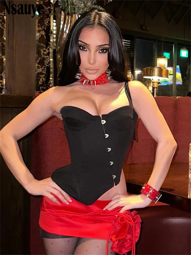 Nsauye Female Sleeveless Off Shoulder Irregular Corset Tank Tops Y2K Clothes Women 2025 Sexy Fashion Black Crop Top Sexy Club