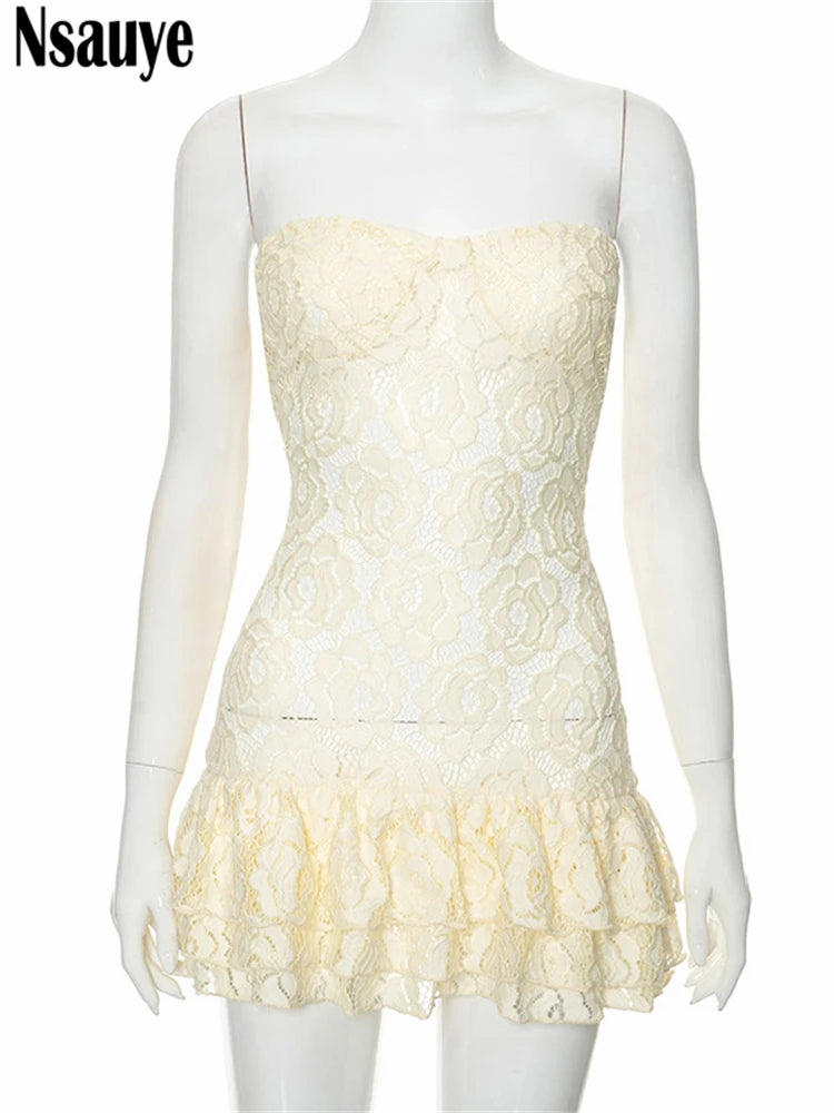Nsauye Sexy Hollow Out Mini Women Ruffles See Through Chic Fashion Dress Summer Evening Party Night Club Sleeveless Dress 2024