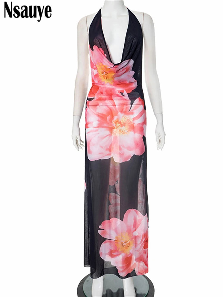 Nsauye New Fashion Women Summer Holiday Casual Beach Halter Floral Print Wrap Long Dress Maxi Sexy Party Evening Club Dress 2025
