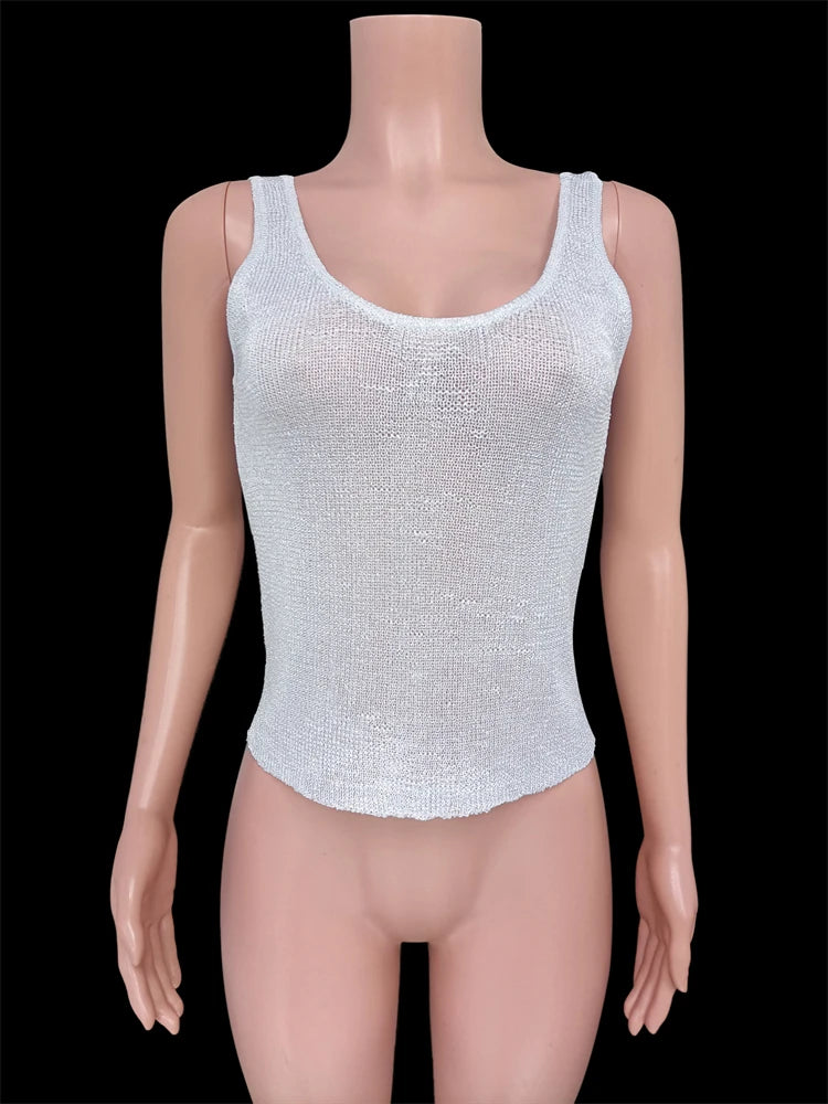 Nsauye Chic Women Mini Vest Hollow Out Pullover Knitted Summer Y2K Sexy Club Fashion Crop Tops Glitter Sleeveless 2025 Tank Tops