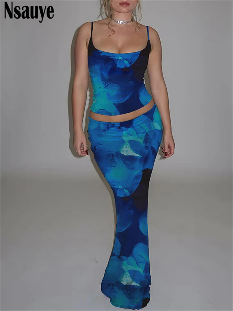 Nsauye Women Party Sexy Skirt Dress New In Matching Two Piece Set Outfits 2025 Summer Tie-Dye Print Crop Top Long Club Skirt Set