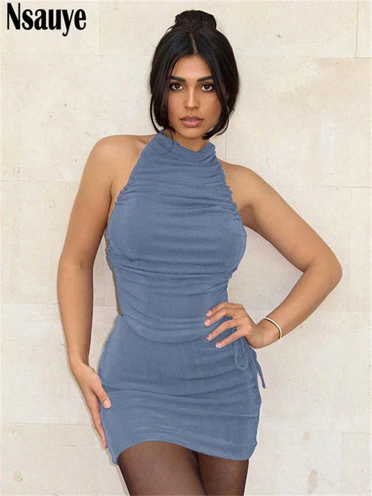 Nsauye Sexy Sleeveless Sim Fashion Halter Y2K Women Crop Tops And Mini Ruched Party High Waisted Skirt Two Piece Set Summer 2024