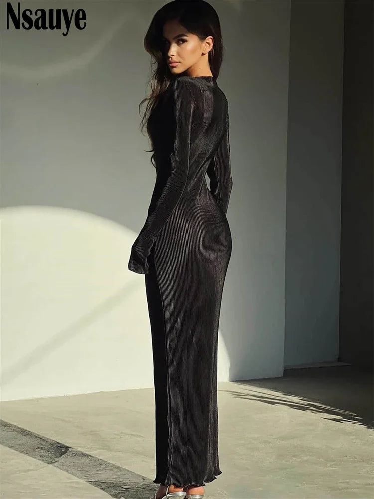 Nsauye Fashion Chic Casual Long Sleeve Wrap Pleated Winter Dress Women 2023 Outfits Basic Sexy Evening Holiday Party Club Dress