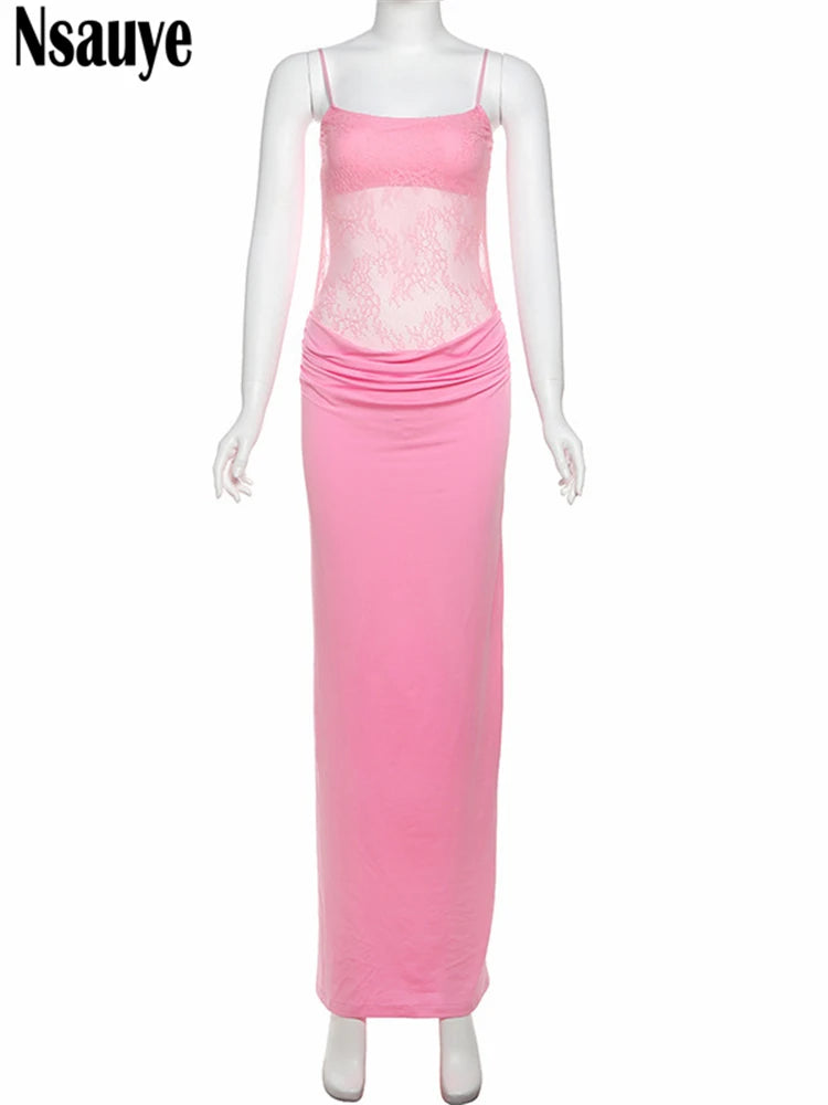 Nsauye Casual Women Pullover Mesh See Through Sexy Club Party Dress Pink Evening Beach Holiday Fashion Summer Dress Outfits