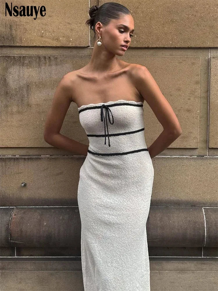 Nsauye Bow Knitted Sleeveless Strapless Elegant Long Dresses For Women 2024 Summer Holiday Casual Off Shoulder Beach Party Dress
