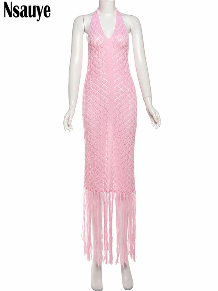 Nsauye Sexy Backless Women Evening Party Club Tassel Hollowed Out Elegant Dress Casual Beach Summer 2025 Long Knitted Dresses