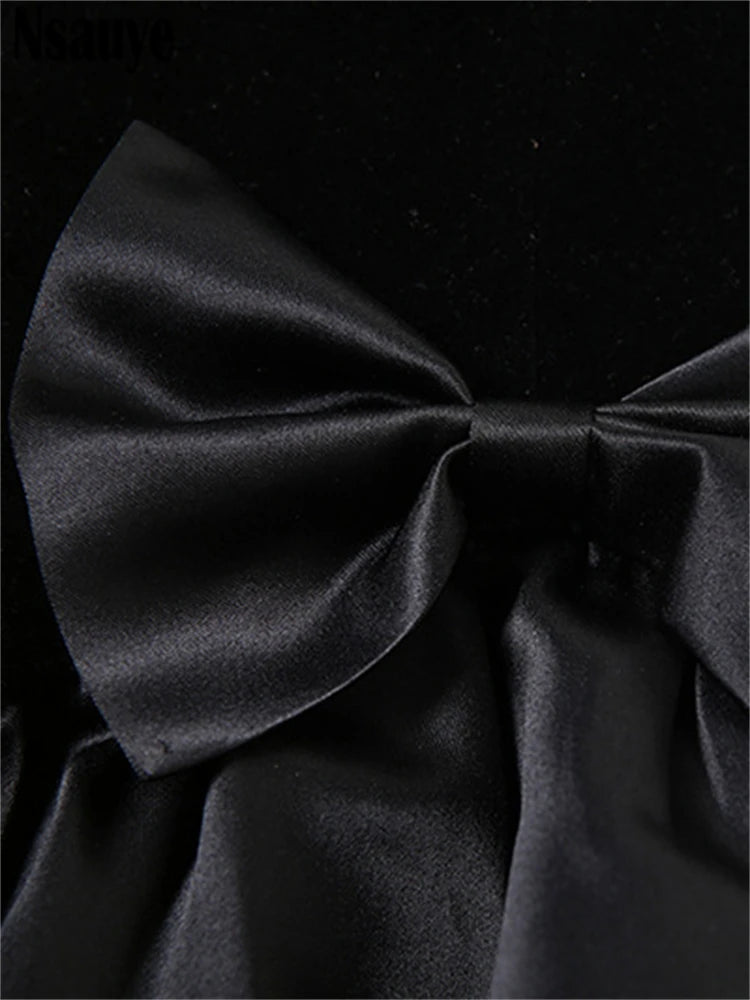Nsauye Chic Women New Fashion Black Satin Sexy Club Velvet Elegant Retro Dress Bud Mini A-Line Evening Party Summer Dress 2025