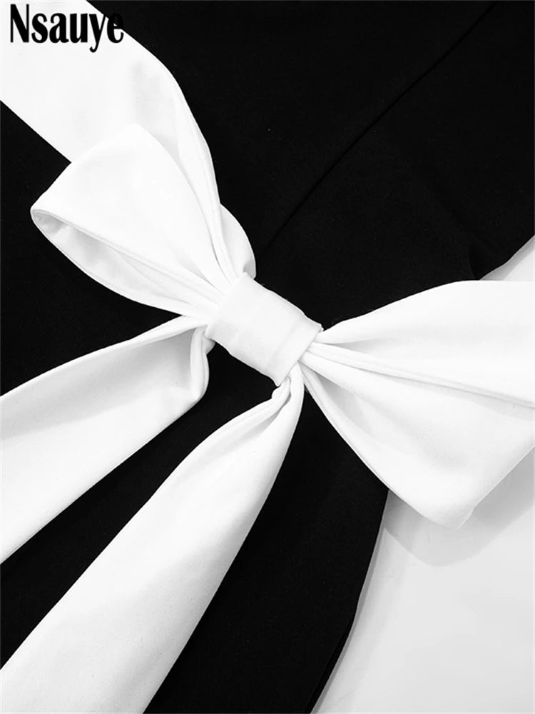 Nsauye New Fashion Elegant Women Low Cut Out Sexy Night Club Short Dress Black Bow Summer Evening Party High Waisted Dress 2025