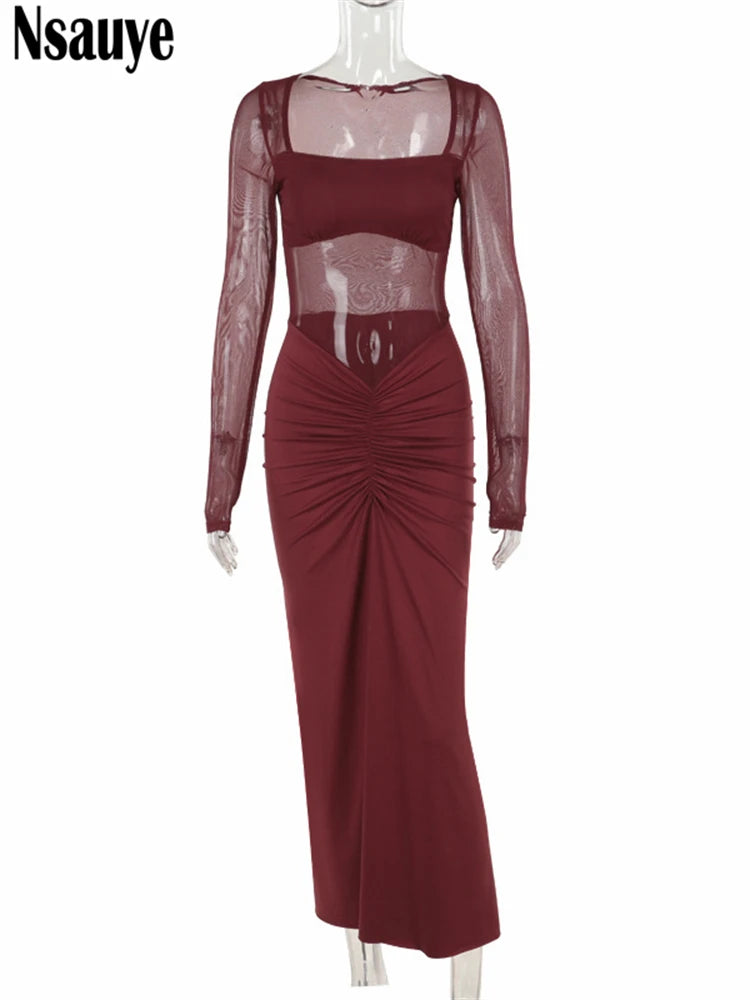Nsauye Dress Winter Women Long Sleeve Maxi Mesh See Through Fashion Black Ruched Elegant Party Night Club Low Waisted Dress 2024