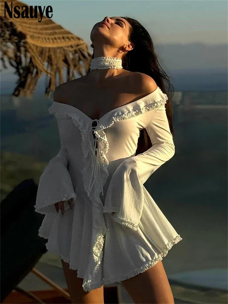 Nsauye Women Sexy Mini Ruffles Fashion Elegant Evening Party Dress Night Club Long Sleeve Bandage Casual Beach A-Line Dress 2024