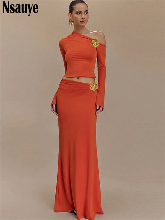 Nsauye Women Elegant Party Sexy Dress Skirt Fashion New In Matching Two Piece Set Long Sleeve Top High Waist Skirt Club Set 2024
