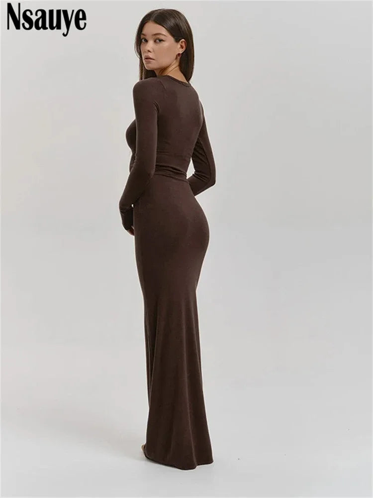 Nsauye Casual Basic Long Dress Women Holiday Autumn Winter Evening Birthday Party Night Club Sexy Elegant Dress Outfits 2024