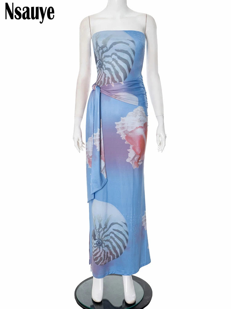 Nsauye Elegant Women Print Lace Up Strapless Tube Long Dresses 2025 Summer New Beach Party Sleeveless Backless Sexy Vestidos