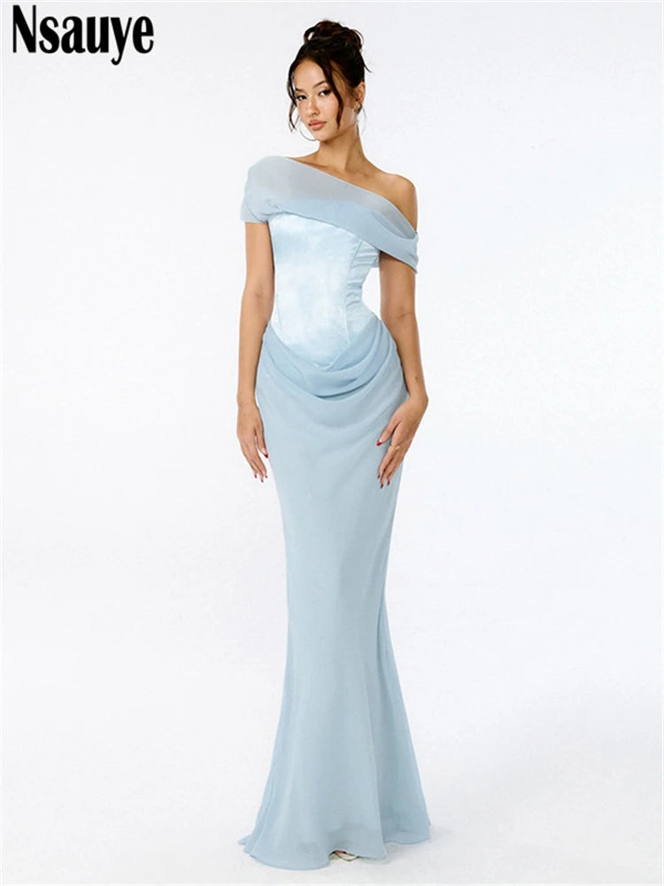 Nsauye 2025 Female Sexy Evening Party Satin Aesthetic Vestidos Dress Long Off Shoulder Wrap Night Club Elegant Irregular Dresses
