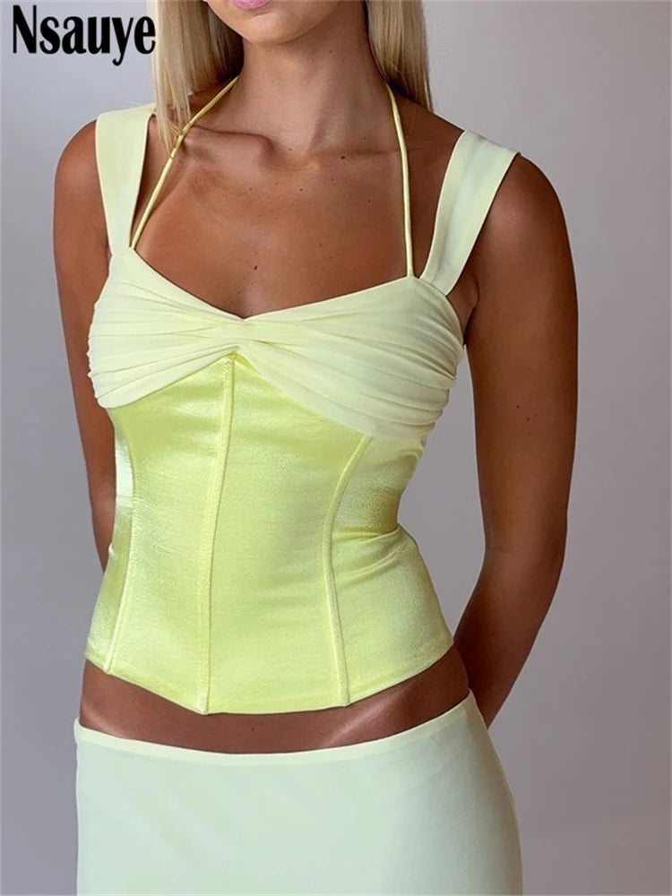 Nsauye Y2K Corset Women Sexy Halter Mini Skinny Tank Crop Tops Summer Long Club Low Waisted Skirt New In Matching Two Piece Set