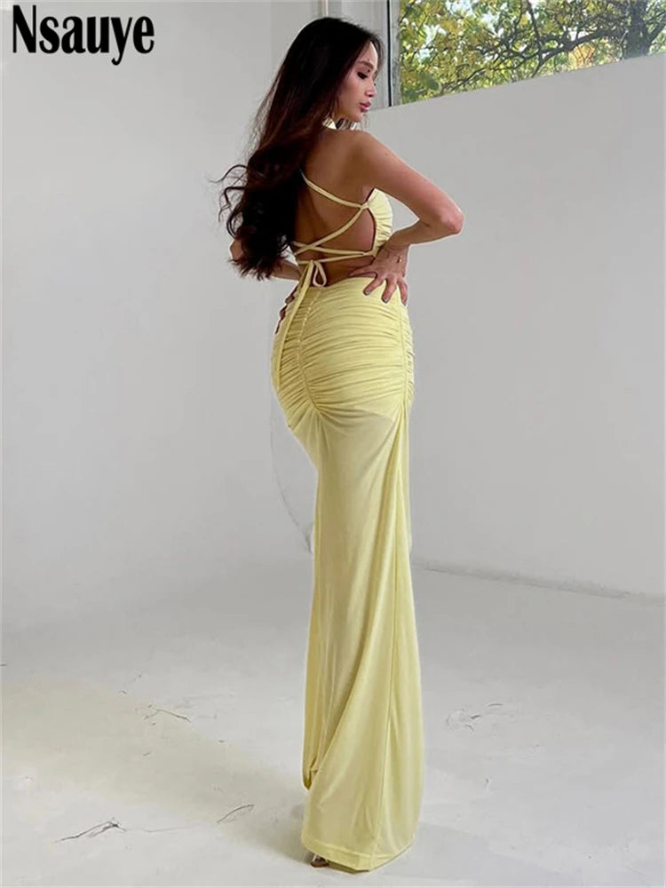 Nsauye Elegant Dress Women Chic Fashion Summer Clothes Outfits Off Shoulder Sexy Evening Party Clubwear Long Maxi Dress Lace Up