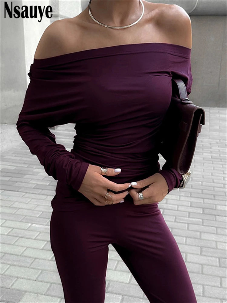 Nsauye Women Casual Basic Tracksuit Y2K 2024 Long Sleeve T Shirt Tops High Waisted Sexy Club Pants Two Piece Set 2024 Winter