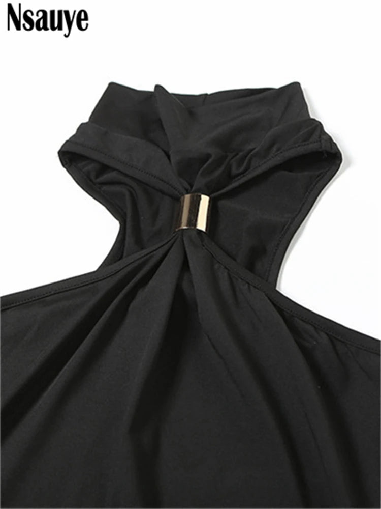 Nsauye Women Sexy Night Club Halter Sleeveless Evening Party Long Dress Summer Off Shoulder Elastic Fashion Elegant Dress 2025