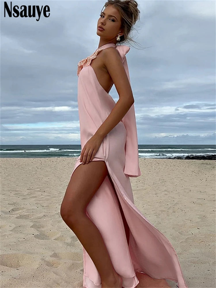 Nsauye 2025 New Aesthetic Flower Dress Women Long Fashion Summer Halter Beach Satin White Night Club Sexy Party Dress Outfits