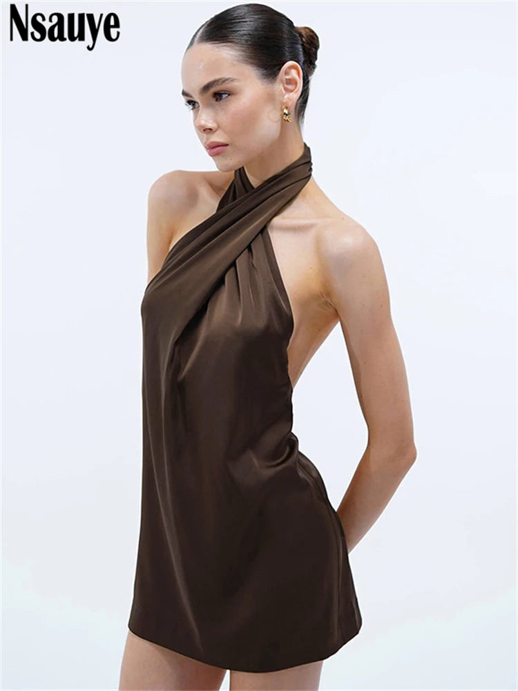 Nsauye 2025 Elegant Party Dress Women Short Halter Mini Satin New Fashion Sexy Evening Holiday Night Club Dress Summer Backless
