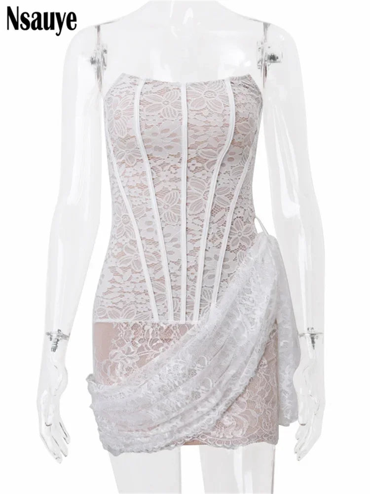 Nsauye Elegant Beautiful Women Lace Sleeveless Strapless Corset Mini Dresses Sexy Bandage White Dresses Vestidos Winter 2023