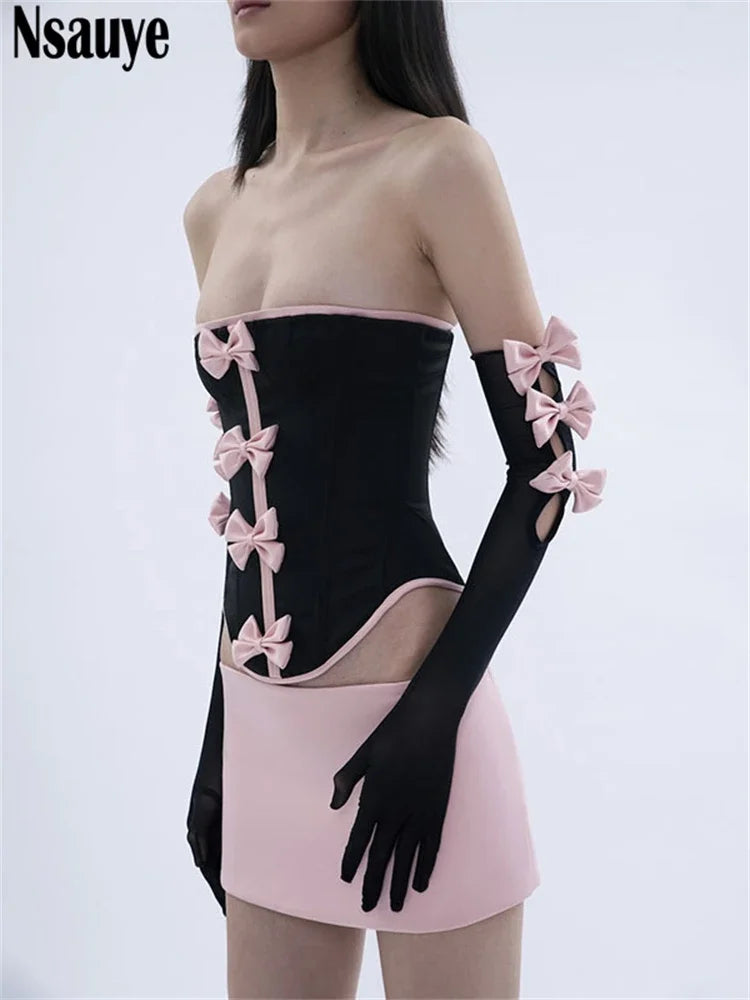 Nsauye Kawaii Lace Up Women Pink Sexy Club Dress Skirt Set Summer Cute Y2K Corset Crop Tops Mini Wrap Satin Skirt Two Piece Set
