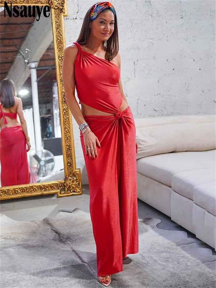 Nsauye One Shoulder Women Sexy Bodycon Party Evening Night Club Fashion Holiday Maxi Dress Summer 2023 High Split Backless Dress