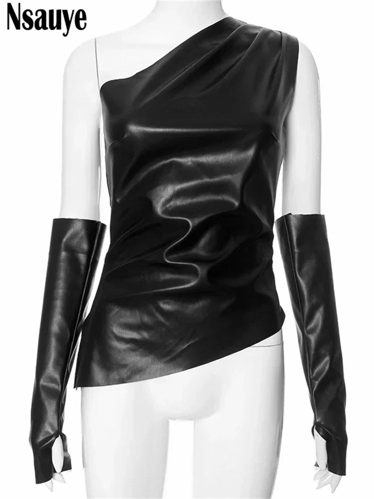 Nsauye Blacck Y2K Streetwear Fashion Women Clothes PU Leather Summer Crop Top Sexy Club Skinny Asymmetric T Shirt Tank Tops 2024