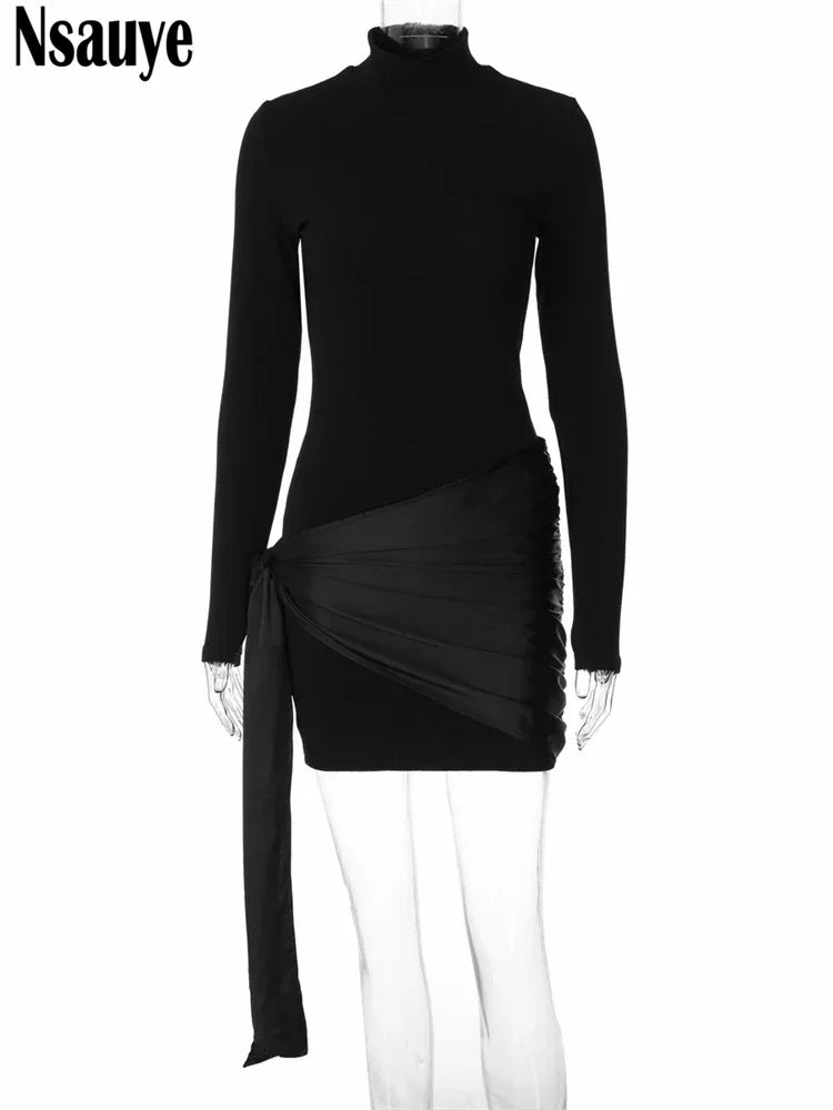 Nsauye Winter Women Short Dress High Waisted Turtleneck Elegant Sexy Lace Up Bodycon Party Holiday Long Sleeve Club Dress 2024