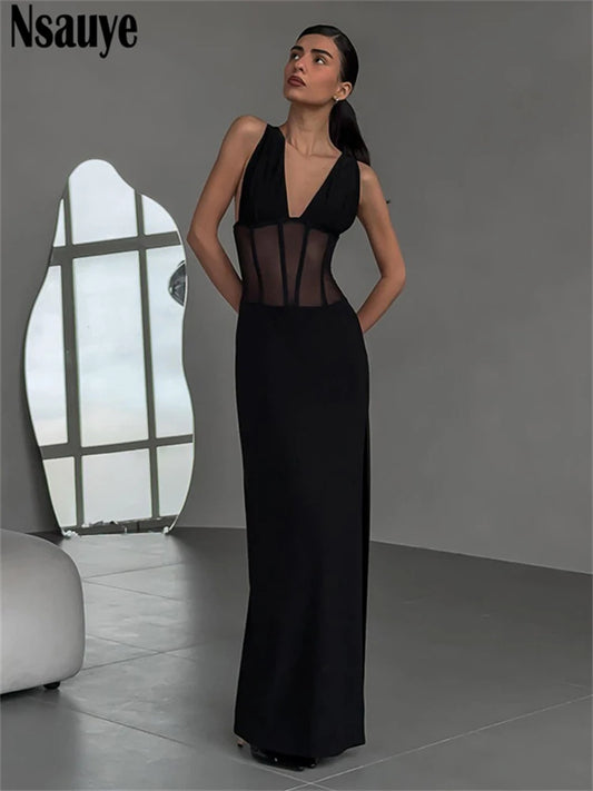 Nsauye Women Sexy Low Cut Out Black Long Bodycon See Through Corset Dress Backless Fashion Club Summer Party Evening Dress 2025