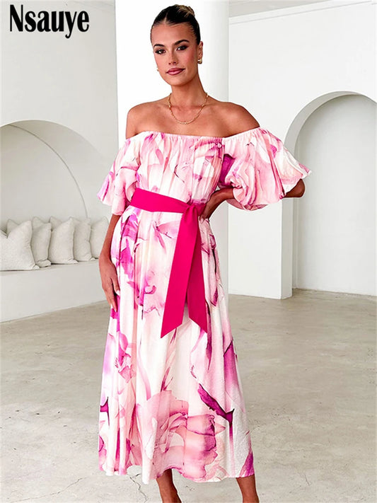 Nsauye 2025 Spring Summer Women Y2K Print Floral Off Shoulder Short Puff Sleeve Long Dresses Club Party Holiday A-Line Dress