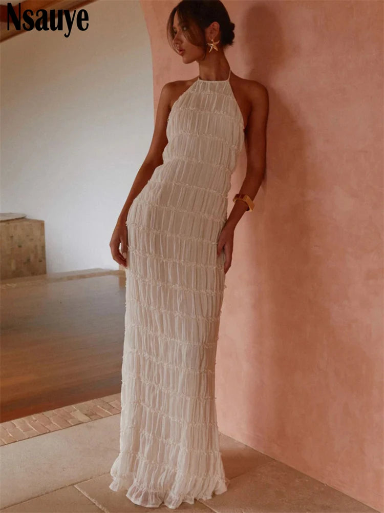 Nsauye Women Sexy New Fashion Pleated Halter Long Summer Vacation Dress Casual Beach 2025 Night Club Evening Party Dress Elegant