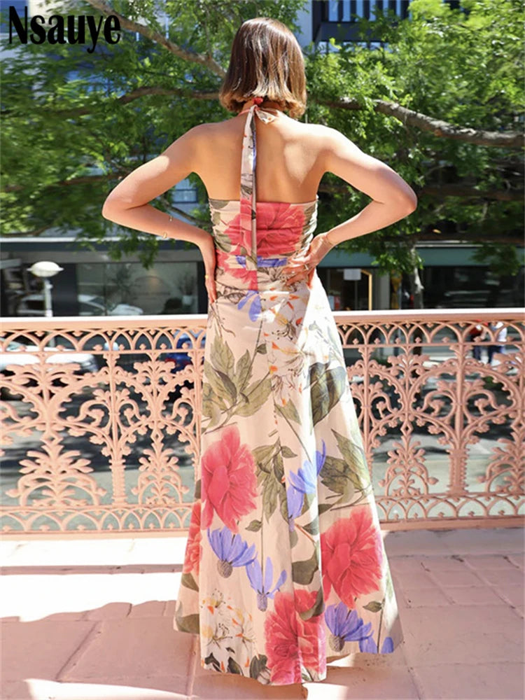 Nsauye Flower Printed Chic Split Ruffles Aesthetic Beach Party Dress For Women Fashion Summer Long Dresses 2025 Holiday Robes