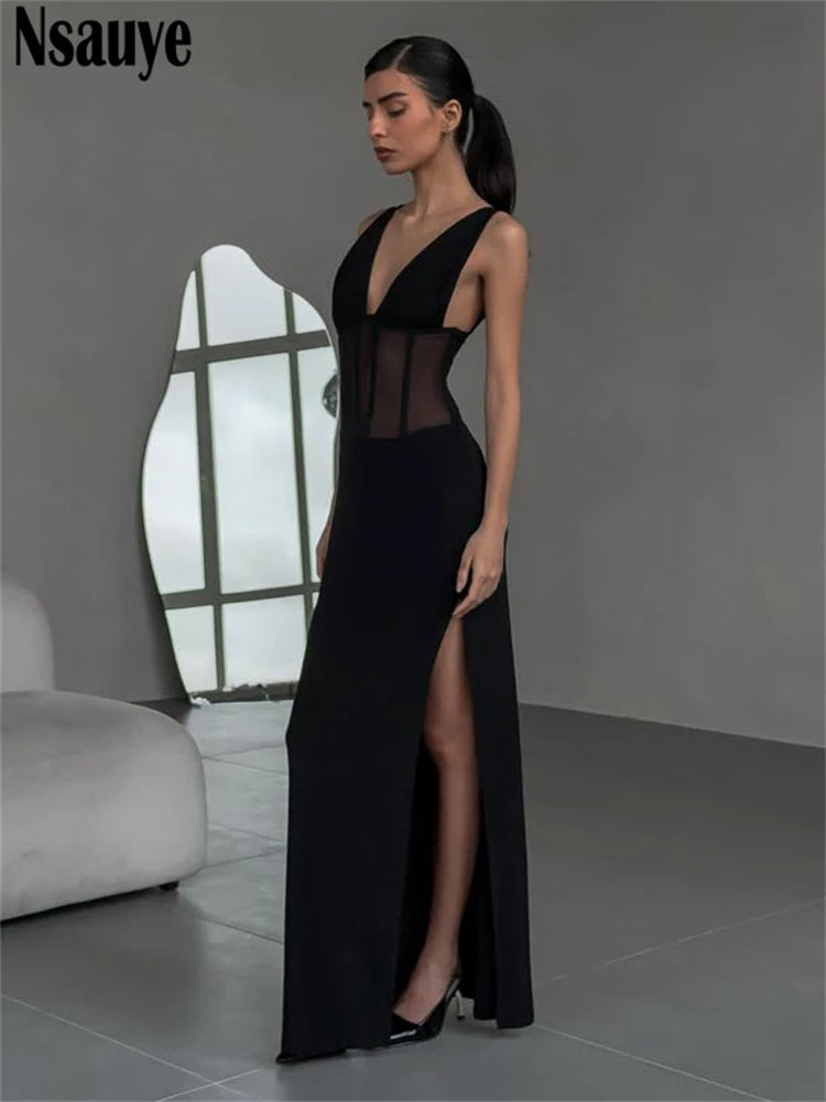 Nsauye Women Sexy Low Cut Out Black Long Bodycon See Through Corset Dress Backless Fashion Club Summer Party Evening Dress 2025