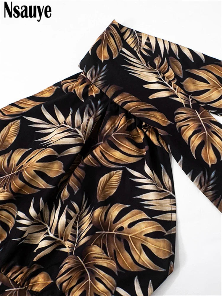 Nsauye Sexy Women Halter Backless Vintage Flowers Leaf Printed Dress 2025 Casual Holiday Summer Beach Sexy Party Long Club Dress