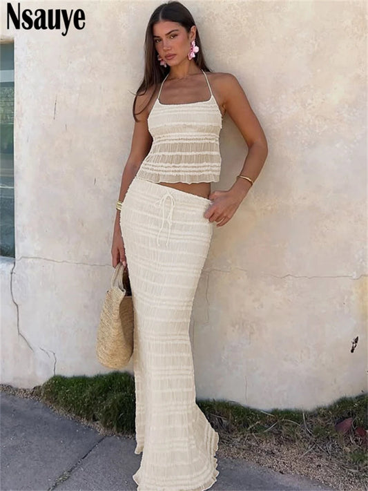 Nsauye 2025 Summer New Fashion Casual Beach Skirt Two Piece Set Sexy Halter Crop Tops Long Ruched Party Maxi Clubwear Skirt Suit
