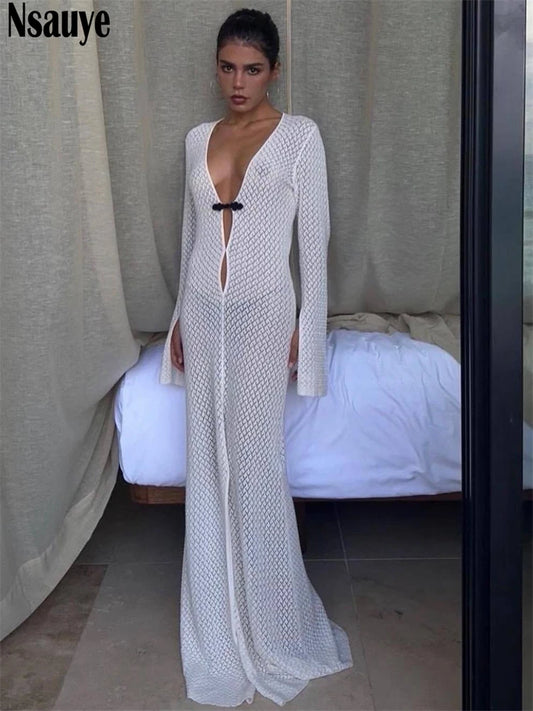 Nsauye Fashion Elegant Sexy Women V Neck Long Sleeve Beach Summer Maxi Dresses Party Holiday Hollow Out Long Dress Women 2022